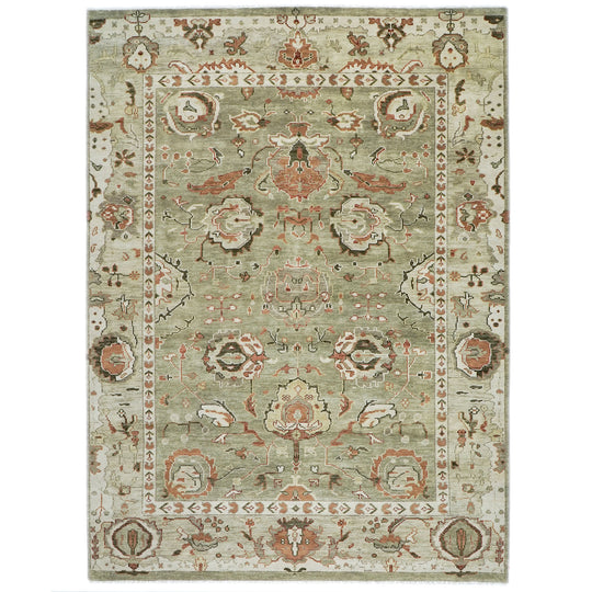 9'10"x14'1" Hand Knotted Wool Green Large-Scale Floral Oushak Transitional Rug