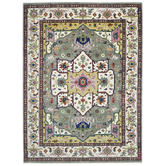 10x14'1" Hand Knotted Wool Ivory Oushak All-Over Floral Lattice Heriz Rug