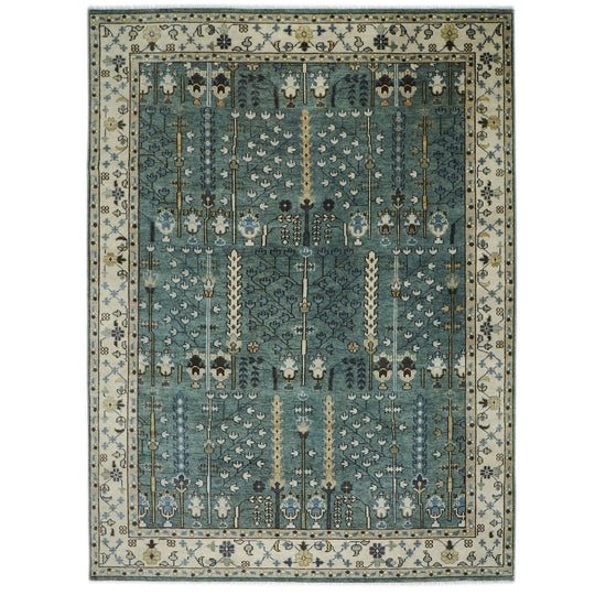 10x14'1'' Hand Knotted Wool Celadon Oushak Tree of Life pattern Transitional Rug