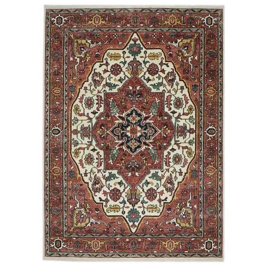 9'10"x13'9" Hand Knotted Wool Rust Oushak Geometric Curvilinear Medallion-and-Corner Heriz Rug
