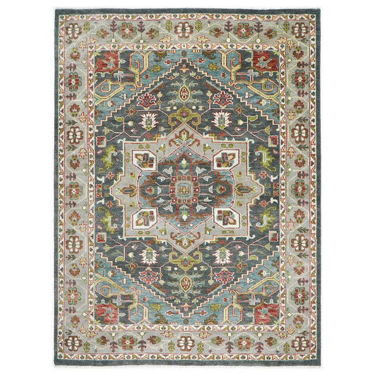 10'3''x14'1'' Hand Knotted Wool Slate Oushak Geometric Spandrels Heriz Rug
