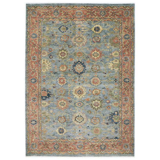 10x14 Hand Knotted Wool Blue Oushak All-over Floral Lattice Arts and Crafts Rug
