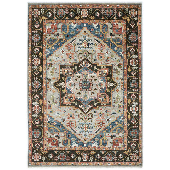 9'11''x14'2'' Hand Knotted Wool Gray ,Dark Green Oushak Geometric Spandrels Heriz Rug