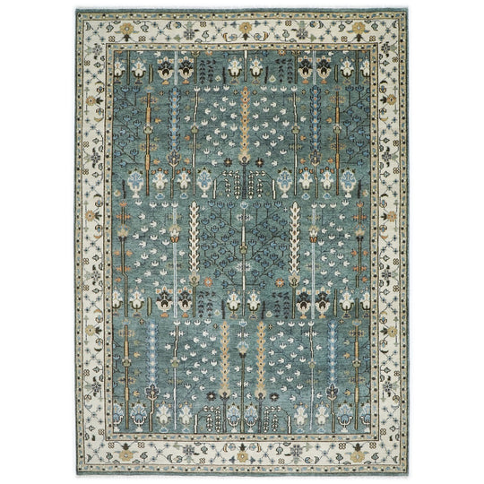 10x14'1'' Hand Knotted Wool Celadon ,Ivory Oushak Tree of Life pattern Transitional Rug