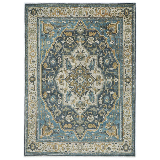 10'2''x14 Hand Knotted Wool Blue ,Beige Oushak Geometric Curvilinear Medallion-and-Corner Tabriz Rug
