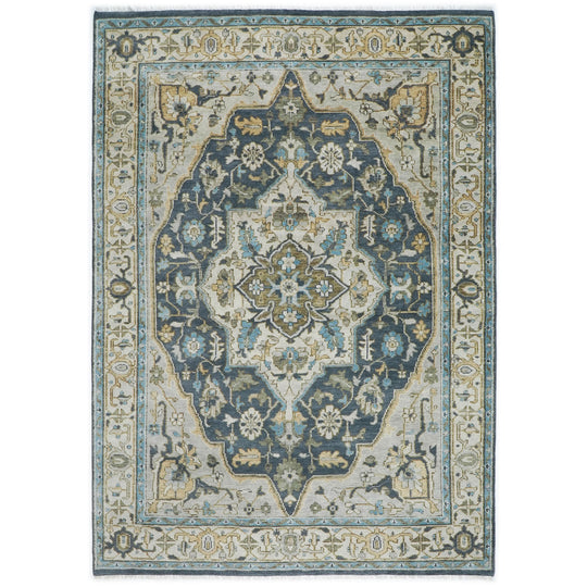 10'2''x14'2'' Hand Knotted Wool Blue ,Beige Oushak Geometric Curvilinear Medallion-and-Corner Tabriz Rug