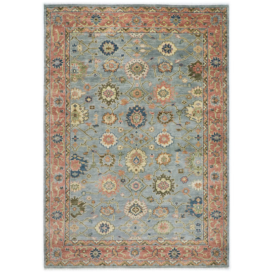 10x14 Hand Knotted Wool Blue ,Rose Oushak All-over Floral Lattice Arts and Crafts Rug