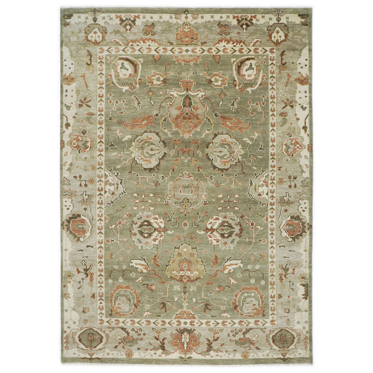 9'11"x14'1" Hand Knotted Wool Green Large-Scale Floral Oushak Arts and Crafts Rug