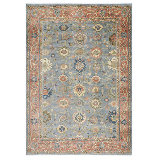 10x14 Hand Knotted Wool Blue ,Rose Oushak All-over Floral Lattice Arts and Crafts Rug