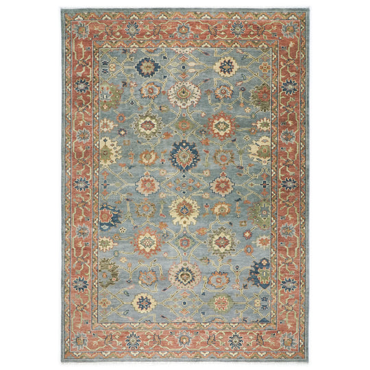 10x14'1'' Hand Knotted Wool Blue ,Rose Oushak All-over Floral Lattice Arts and Crafts Rug