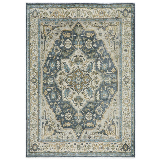 10'2''x14'1'' Hand Knotted Wool Slate ,Blue Oushak Geometric Curvilinear Medallion-and-Corner Tabriz Rug