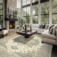 10x14 Hand Knotted Wool Gray Ivory Oushak All-Over Floral Lattice Heriz Rug