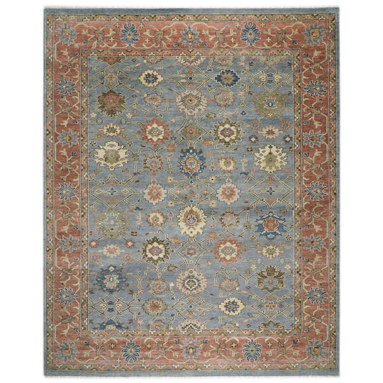 12x15'1'' Hand Knotted Wool Blue Oushak All-over Floral Lattice Arts and Crafts Rug