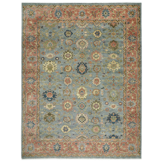 12x15'1'' Hand Knotted Wool Aqua Oushak All-over Floral Lattice Arts and Crafts Rug