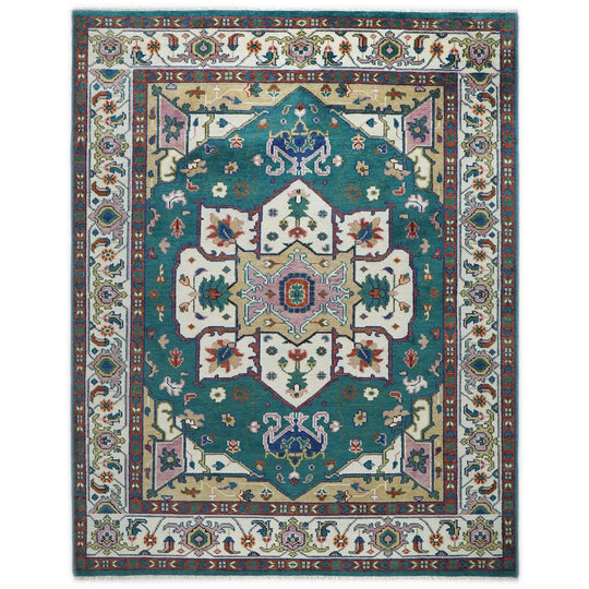 9x11'10'' Hand Knotted Wool Teal,Ivory Oushak Heriz Rug