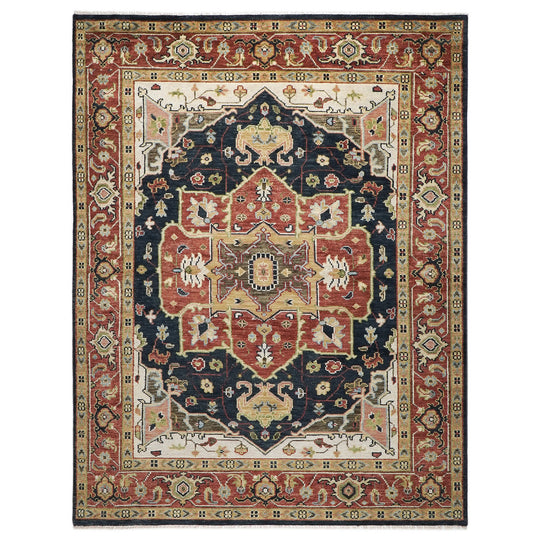 8'9''x12 Hand Knotted Wool Blue,Burnt Orange Oushak Heriz Rug