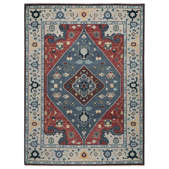 9'1''x11'11'' Hand Knotted Wool Blue,Rust Oushak Geometric Diamond Medallion Traditional Rug