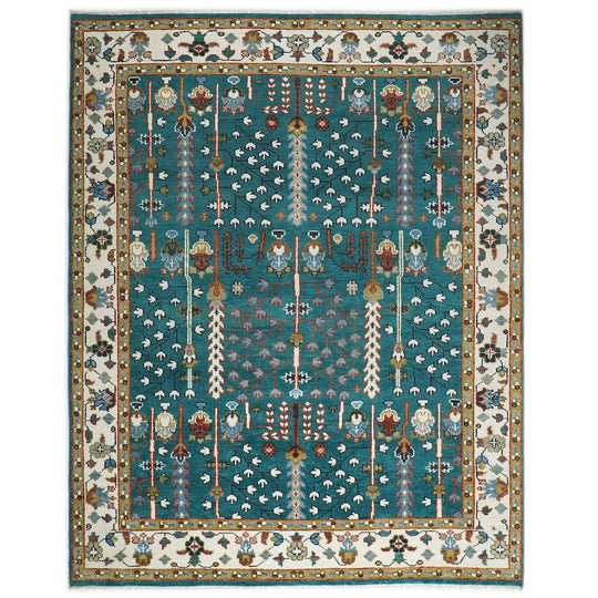 8'11''x11'10'' Hand Knotted Wool Turquoise,Ivory Oushak Transitional Rug