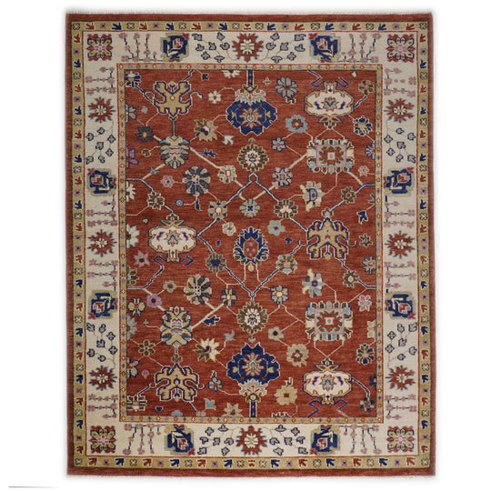9'3''x11'11'' Hand Knotted Wool Burnt Orange,Beige Oushak Arts and Crafts Rug