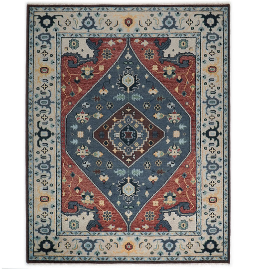 9'1''x11'11'' Hand Knotted Wool Blue,Burnt Orange Oushak Geometric Diamond Medallion Traditional Rug