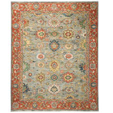 9x12 Blue, Burnt Orange, Gray Color Hand Knotted Oushak Wool Arts and Crafts Oriental Rug