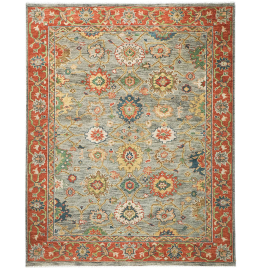 9'2''x12 Hand Knotted Wool Blue,Burnt Orange Oushak Arts and Crafts Rug