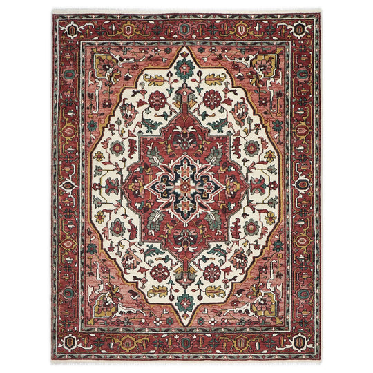 8'10''x12 Hand Knotted Wool Ivory,Rose Oushak Geometric Medallion Tabriz Rug