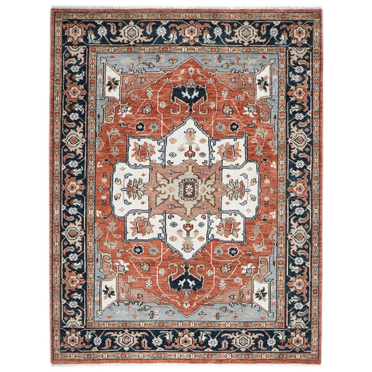 9'1''x12'3'' Hand Knotted Wool Burnt Orange,Blue Oushak All-Over Floral Lattice Heriz Rug