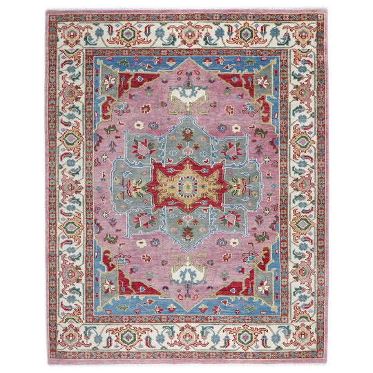 8'10''x11'11'' Hand Knotted Wool Pink,Celadon Oushak All-Over Floral Lattice Heriz Rug