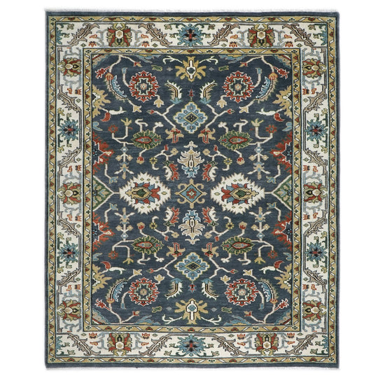 9'3''x12'1'' Hand Knotted Wool Blue,Ivory Oushak Arts and Crafts Rug