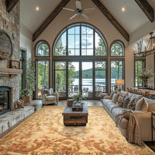 Palace Tan, Gold, Green Color Hand Knotted French Aubusson Savonnerie New Zealand Wool & Silk Traditional Oriental Rug