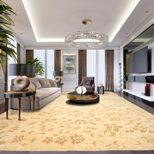 12x14'9'' Hand Knotted Wool Ivory, Khaki Indo Tibetan Transitional Botanical Rug