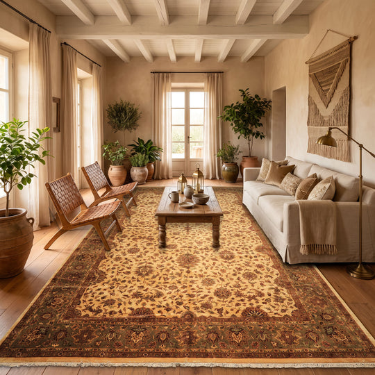 11'11''x17'9'' Hand Knotted New Zealand Wool Ivory, Sage Agra Traditional Plush Pile Botanical High Sheen Rug