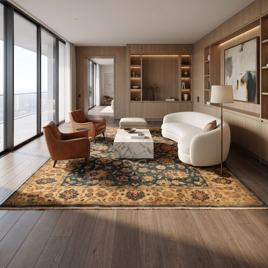 10'7''x13'1'' Hand Knotted New Zealand Wool Teal, Beige Agra Traditional Botanical Gold Wash Rug
