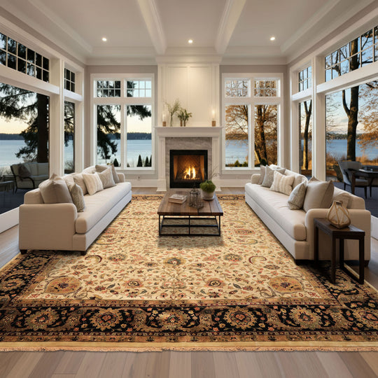 11'1''x14'1'' Hand Knotted New Zealand Wool Beige, Black Agra Traditional High Sheen Rug