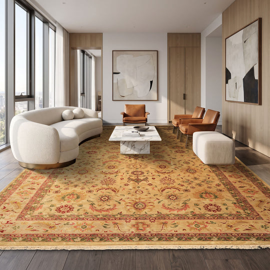 10'11''x18'6'' Hand Knotted Wool Beige, Moss Oushak Transitional Floral Rug