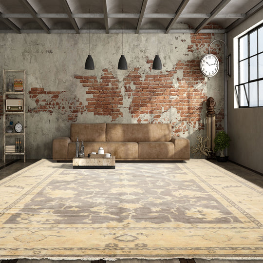 10x13'1'' Hand Knotted Wool Gray, Ivory Oushak Transitional High Sheen Velvety Soft Rug