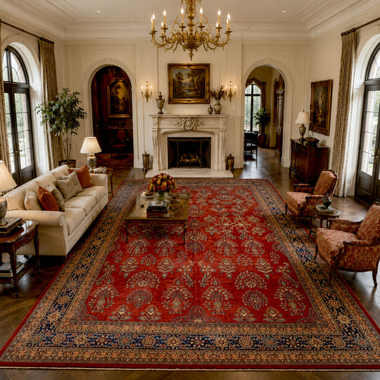 13'10''x22'2'' Runner Hand Knotted New Zealand Wool Rusty Red, Navy Sarouk Traditional 200 KPSI High Sheen Rug