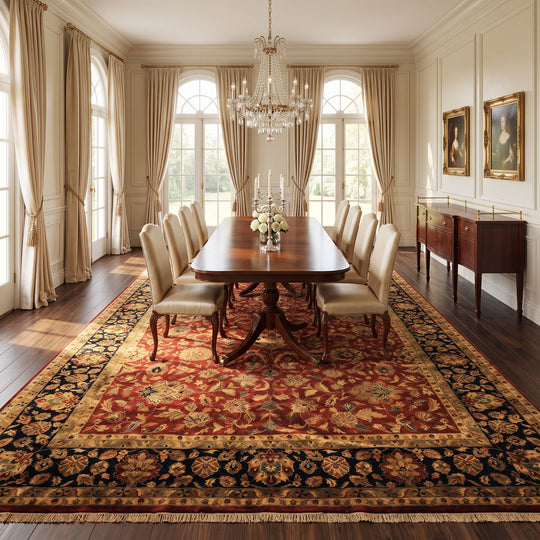 12'1''x17'1'' Hand Knotted New Zealand Wool Burgundy, Black Agra Traditional Plush Pile Botanical Rug