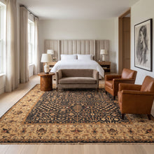 Square Charcoal, Tan, Rust Color Hand Knotted Soumak Wool Transitional Oriental Rug