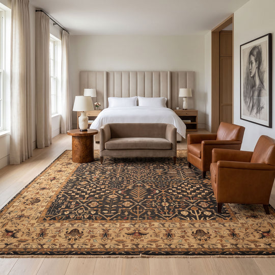 10x10 Square Hand Knotted Wool Charcoal, Tan Soumak Transitional Reversible Flatweave Rug