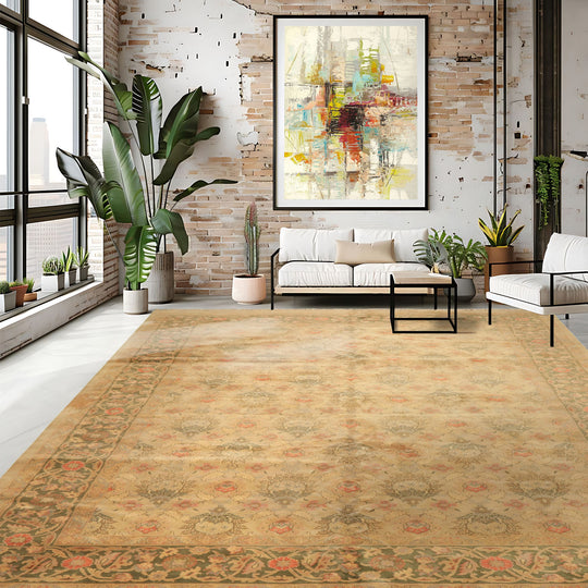 9'11''x13 Hand Knotted Wool Beige, Moss Oushak Transitional Plush Pile Rug