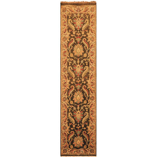 Multi Size Runner Hand Knotted Wool Brown, Gold Agra Traditional Rug