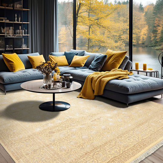 8x10'3'' Hand Knotted Wool & Silk Ivory, Beige Tibetan Transitional Rug