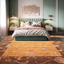8x10 Gold, Brown, Mint Color Hand Knotted Agra Wool & Silk Transitional Oriental Rug