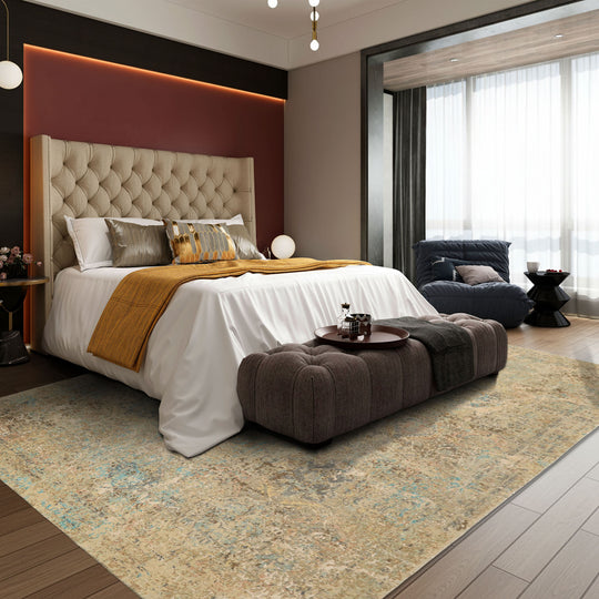 8x9'10'' Hand Knotted Wool & Silk Beige, Turquoise Sherpa Modern & Contemporary Rug