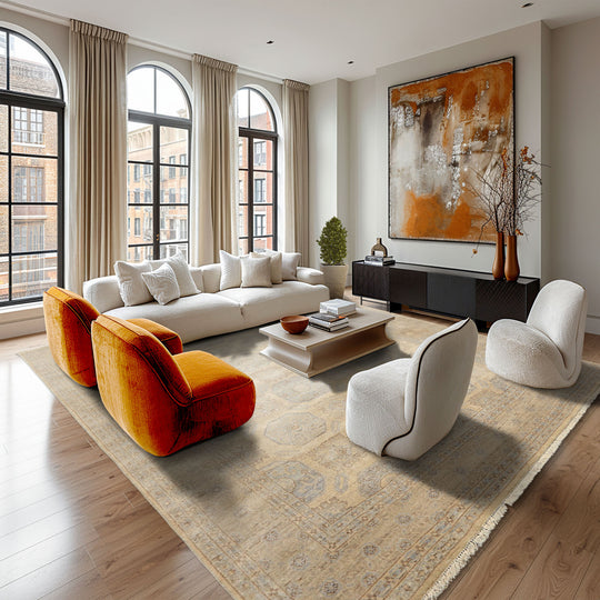 7'11''x9'11'' Hand Knotted Wool Beige, Taupe Khotan Transitional High Sheen Rug