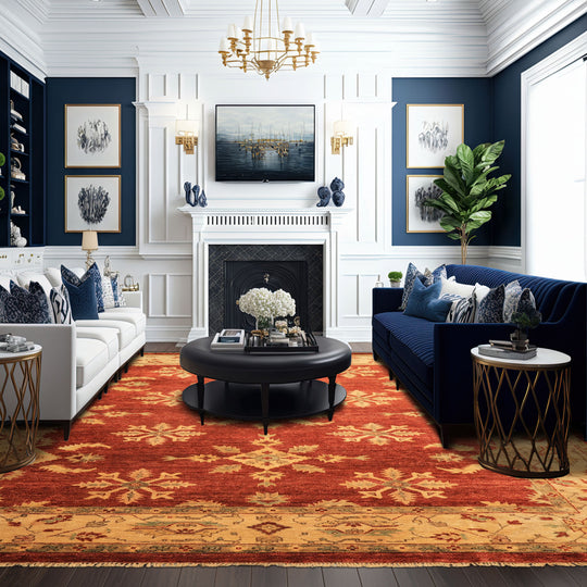 8'2''x9'11'' Hand Knotted Wool Burnt Orange, Beige Oushak Traditional Arts & Crafts Silky Sheen Velvety Soft Rug
