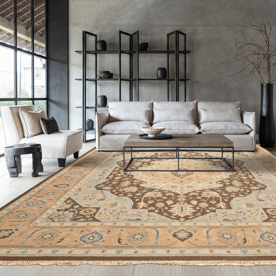 7'11''x9'10'' Hand Knotted Wool Peach, Brown Soumak Traditional Reversible Serapi Rug