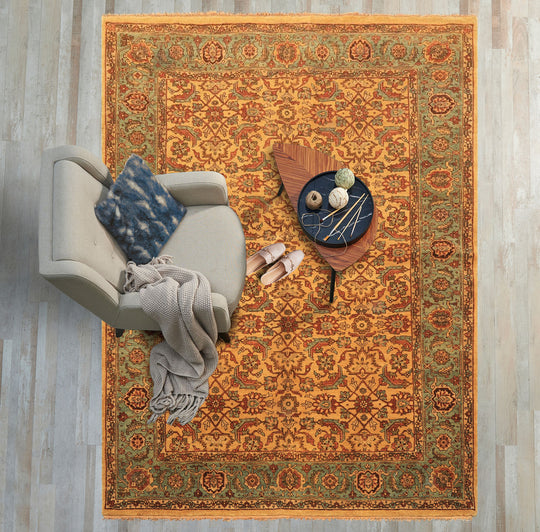6x8'6'' Hand Knotted Wool Gold, Turquoise Fine Oushak Traditional Rug